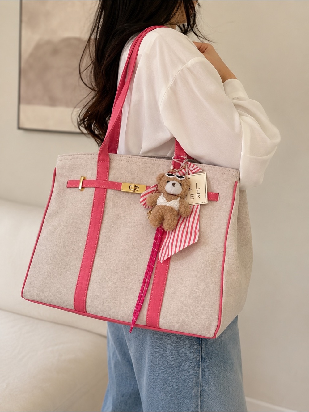 Canvas  Tote Bag with Pink Trim and Charm